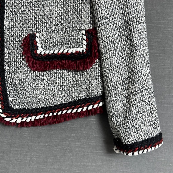 Zara Blazer Jacket M Black Red Tweed Fringe Classic Career Work Office Preppy - Picture 5 of 11